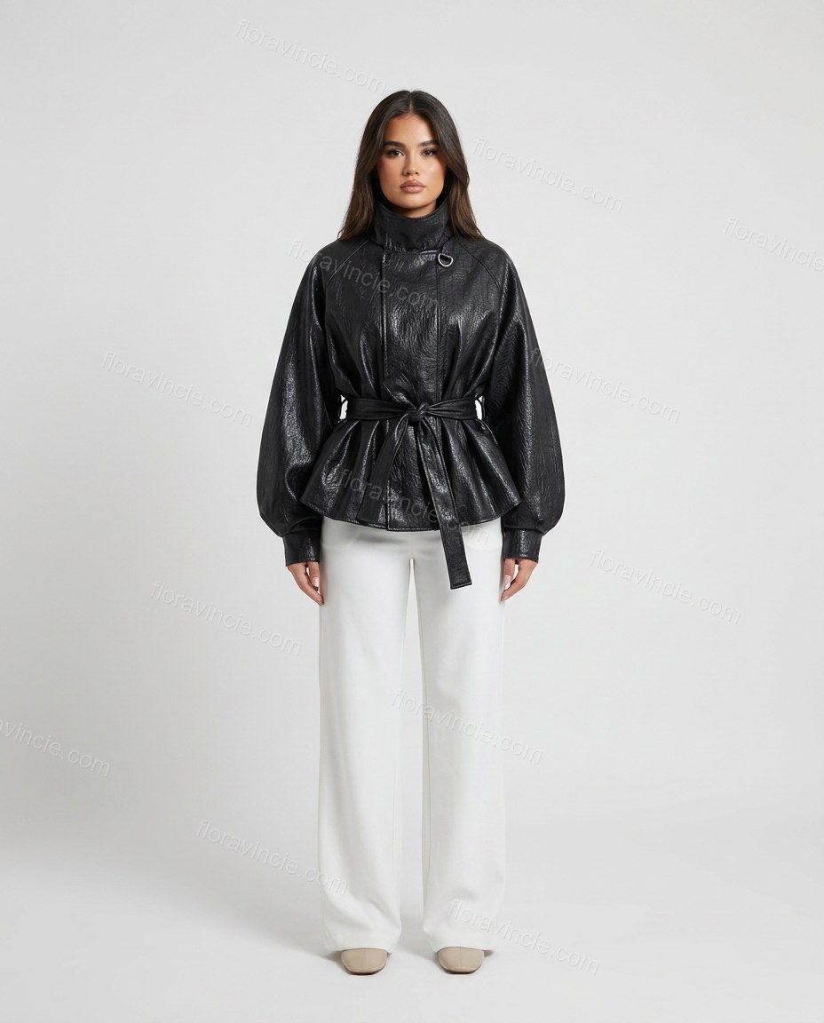 Black Peplum Jacket, front studio view, by Floravincie