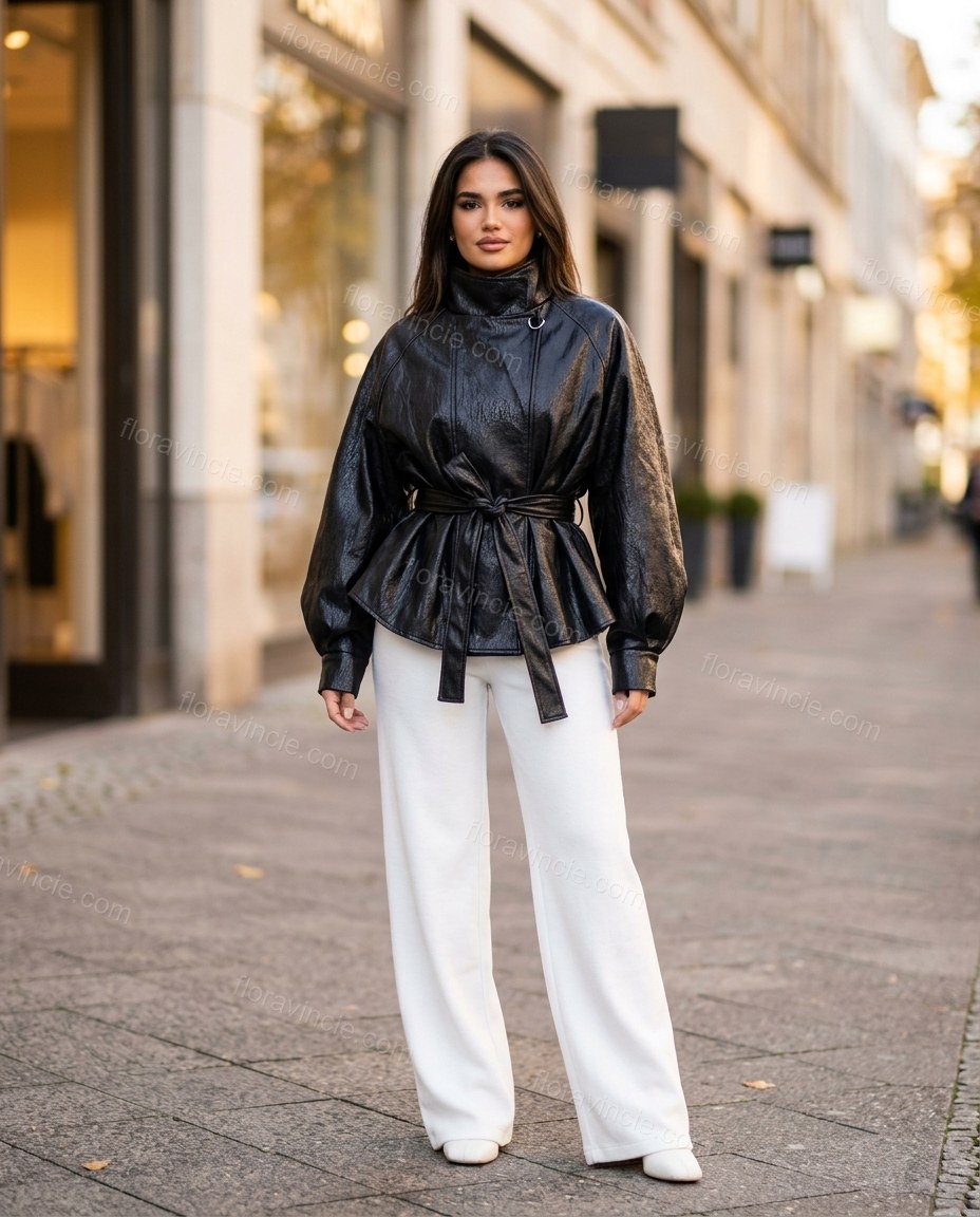 Black Peplum Jacket, three-quarter brand lifestyle view, by Floravincie