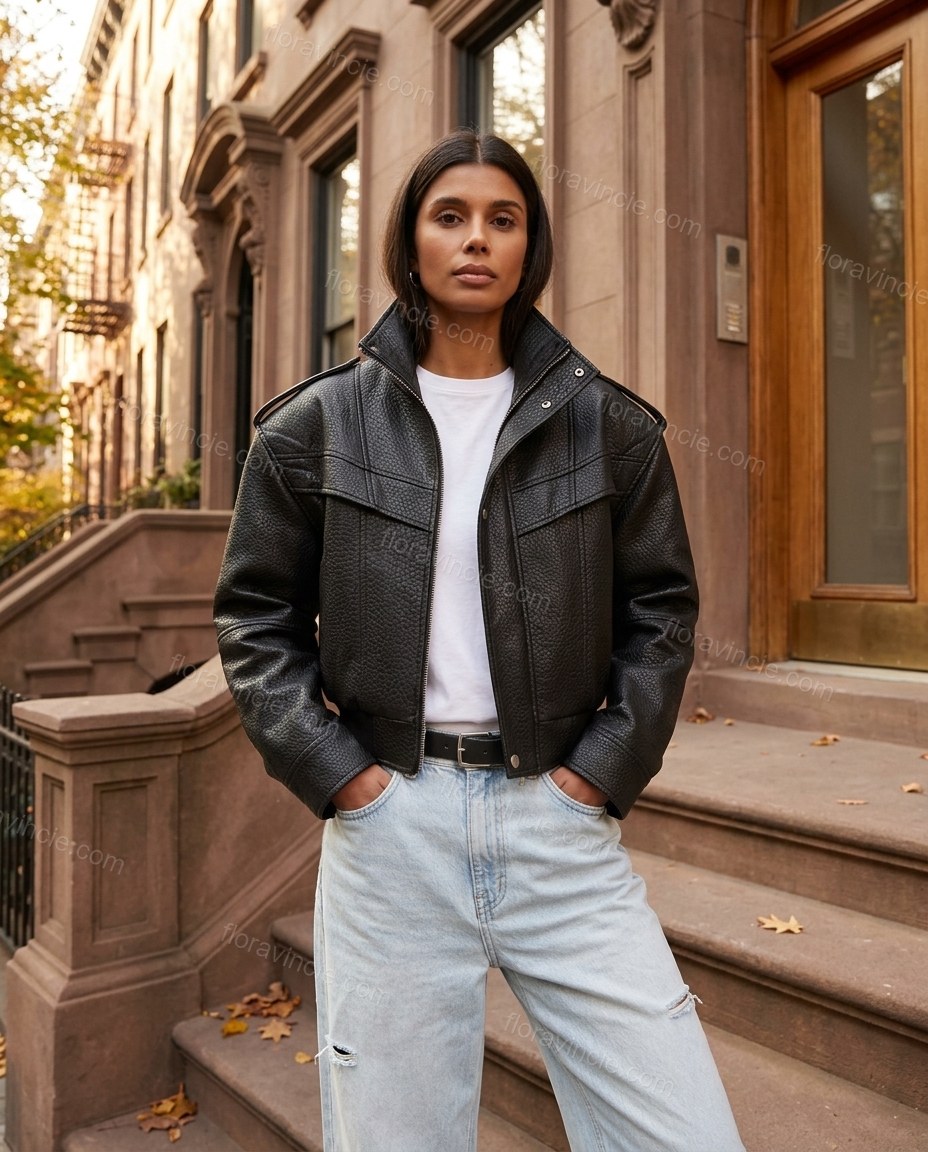 Black Ribbed Jacket, three-quarter brand lifestyle view, by Floravincie