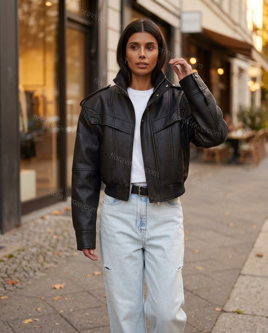Black Ribbed Jacket, walking lifestyle view, by Floravincie