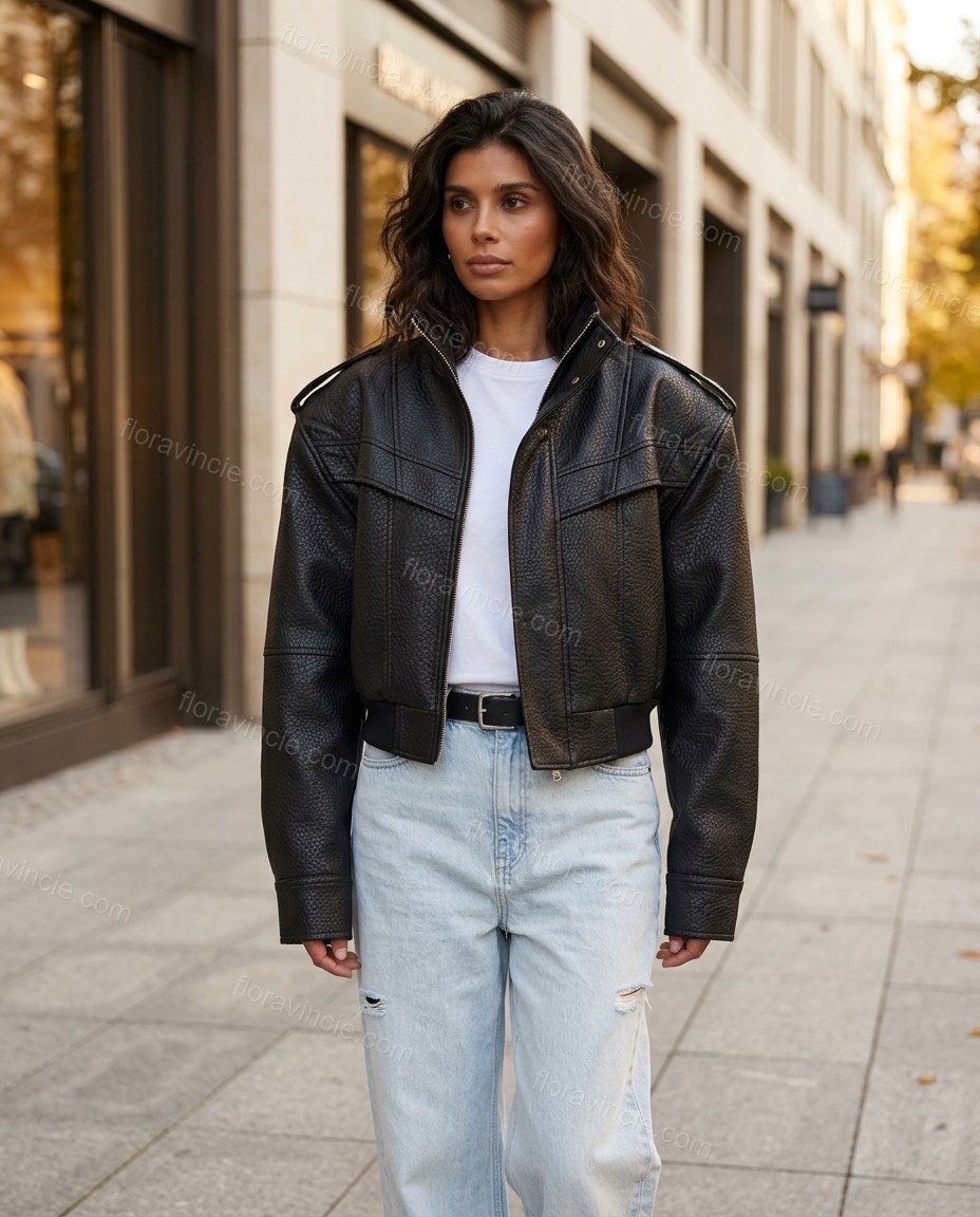 Black Ribbed Jacket, movement and fit lifestyle view, by Floravincie