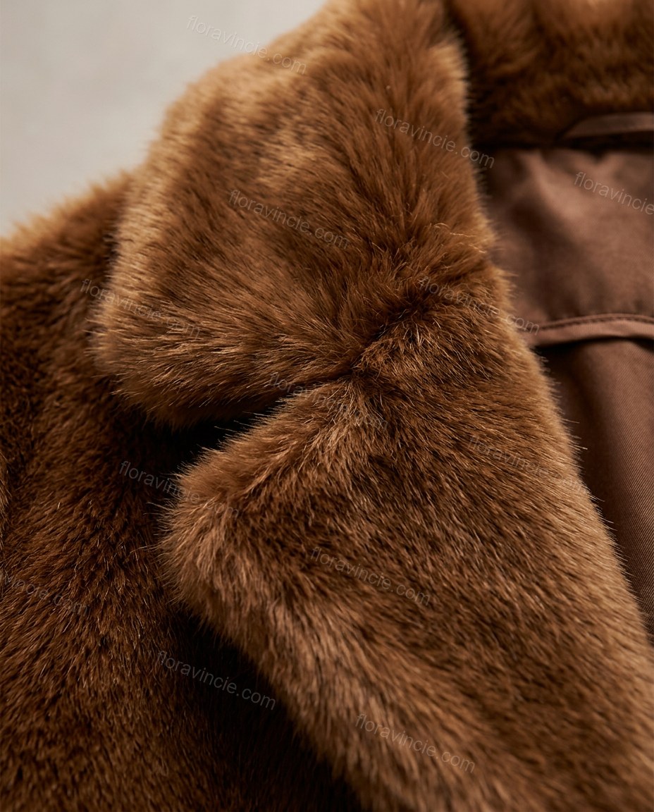 Brown Faux-Fur Coat, close-up of plush long-pile texture, wide collar and full-length hem, by Floravincie