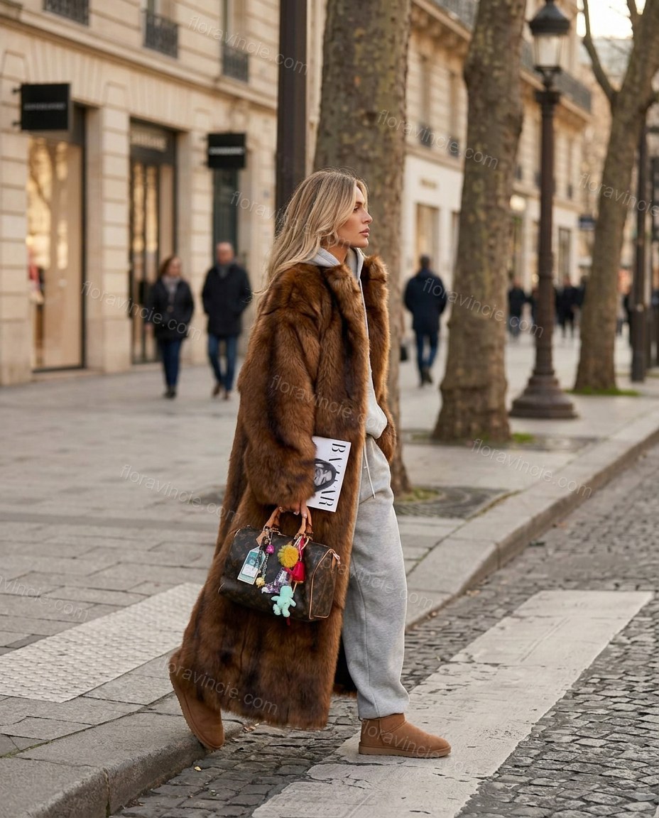 Brown Faux-Fur Coat, walking lifestyle view, by Floravincie