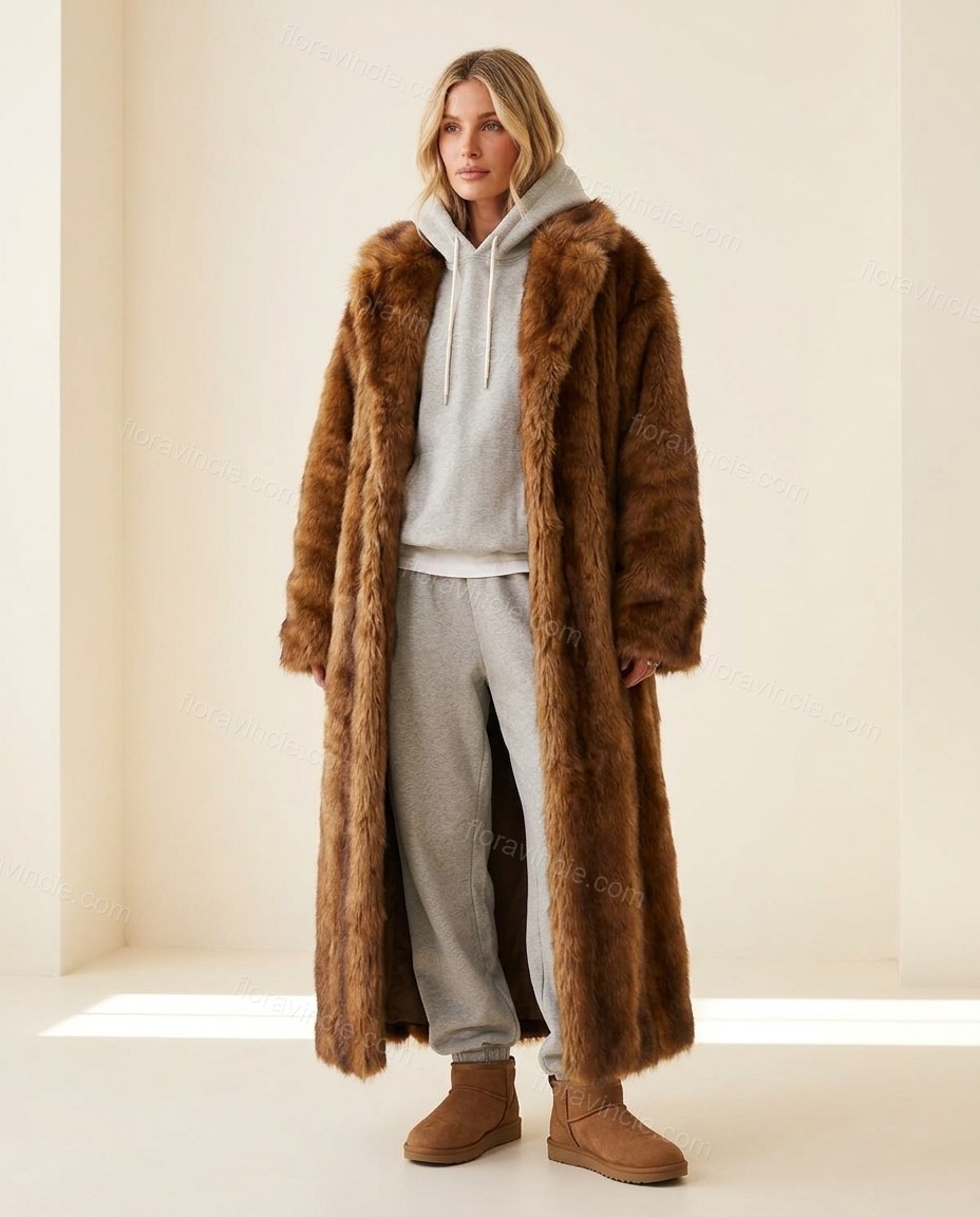Brown Faux-Fur Coat, full-length hero view, by Floravincie