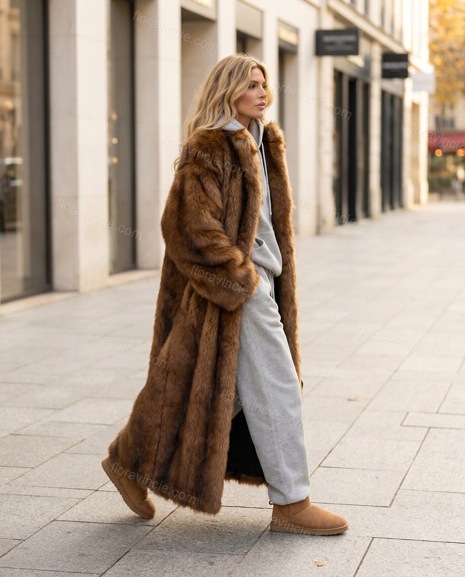Brown Faux-Fur Coat, movement and fit lifestyle view, by Floravincie