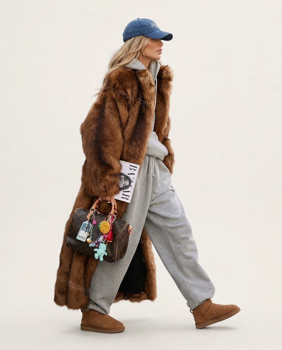 Brown Faux-Fur Coat, side and back studio view, by Floravincie