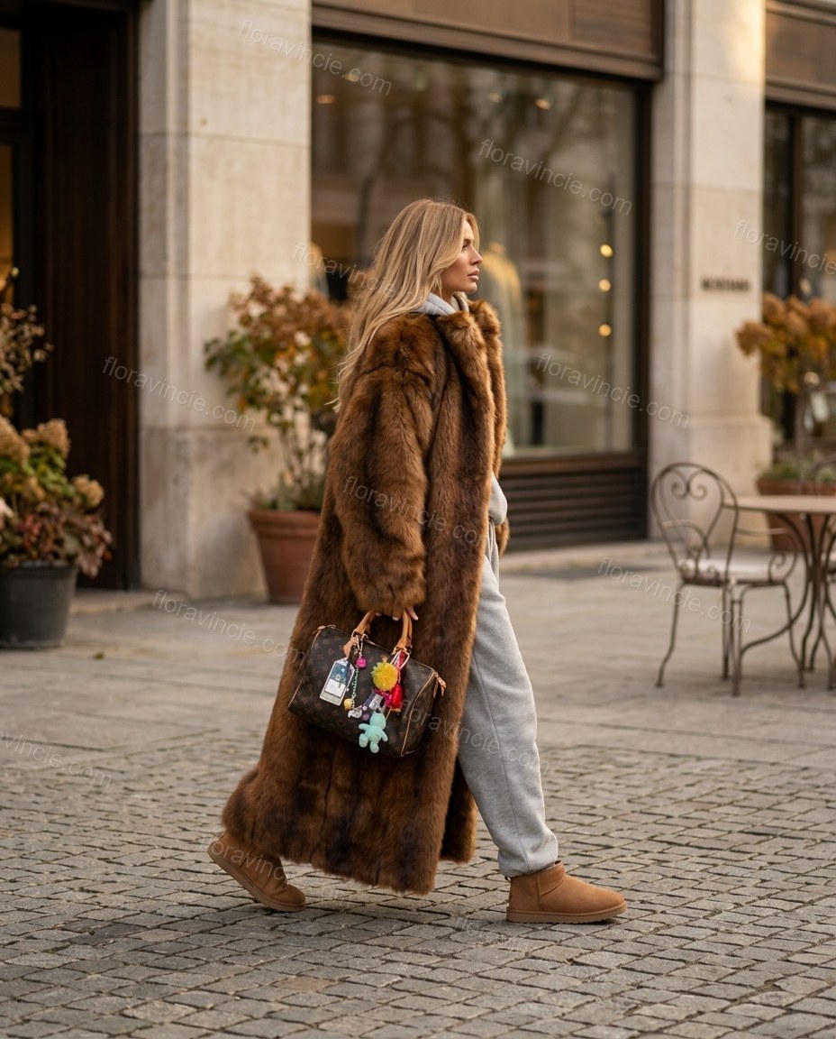 Brown Faux-Fur Coat, three-quarter brand lifestyle view, by Floravincie