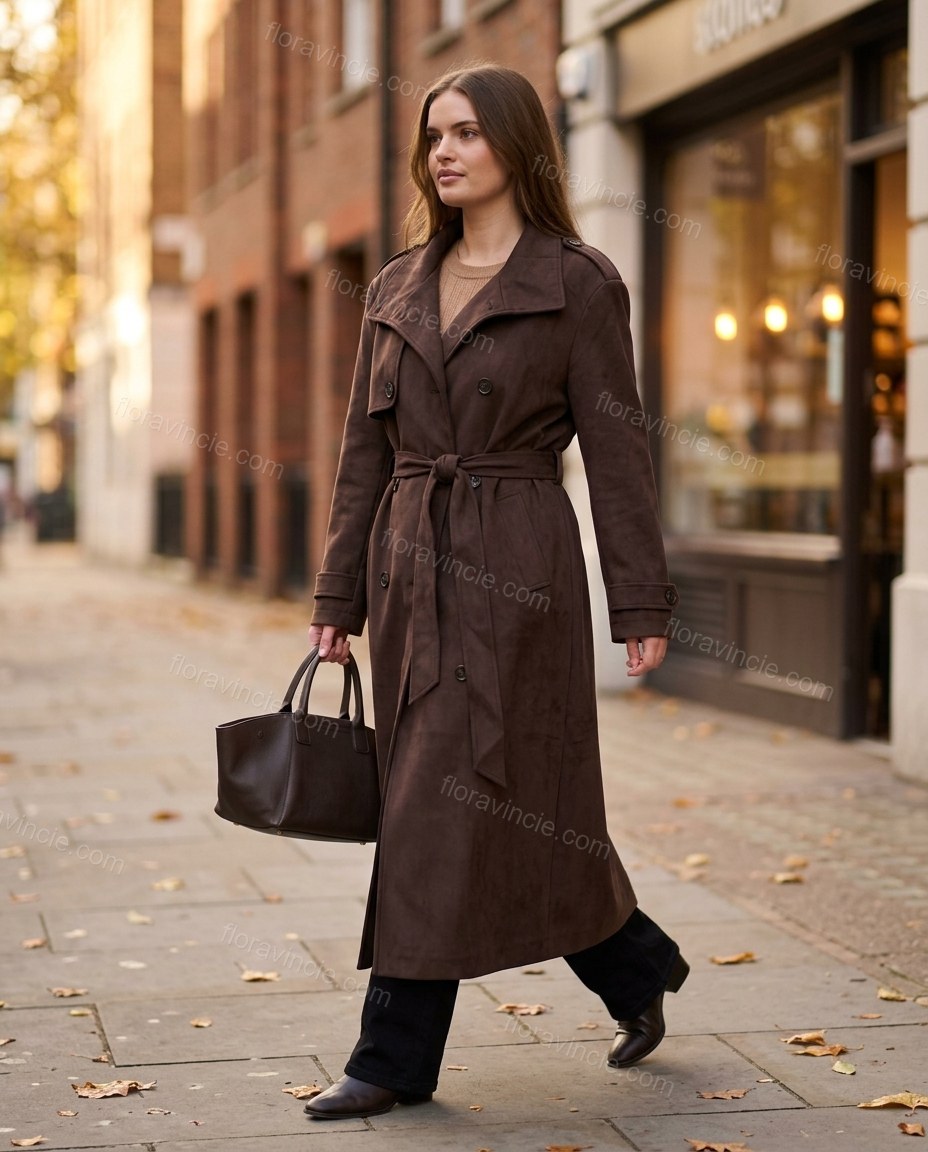 Dark Brown Coat, walking lifestyle view, by Floravincie