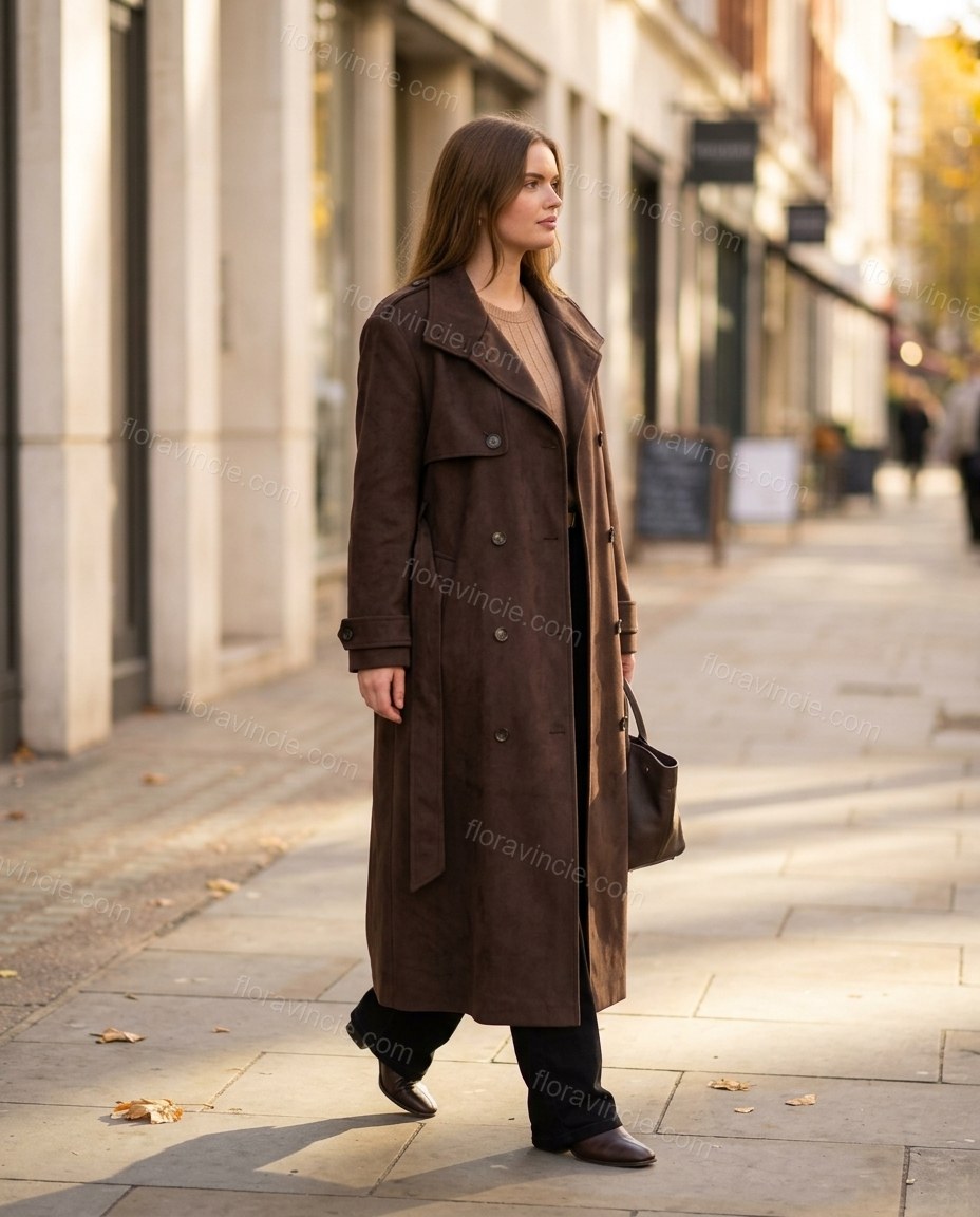 Dark Brown Coat, movement and fit lifestyle view, by Floravincie