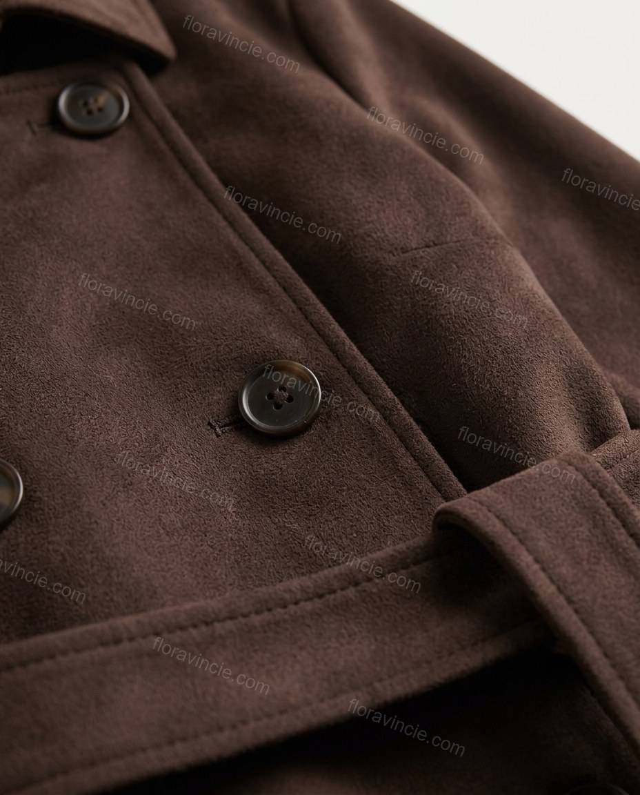 Dark Brown Coat, close-up of double-breasted, self-tie belt and storm flaps, by Floravincie