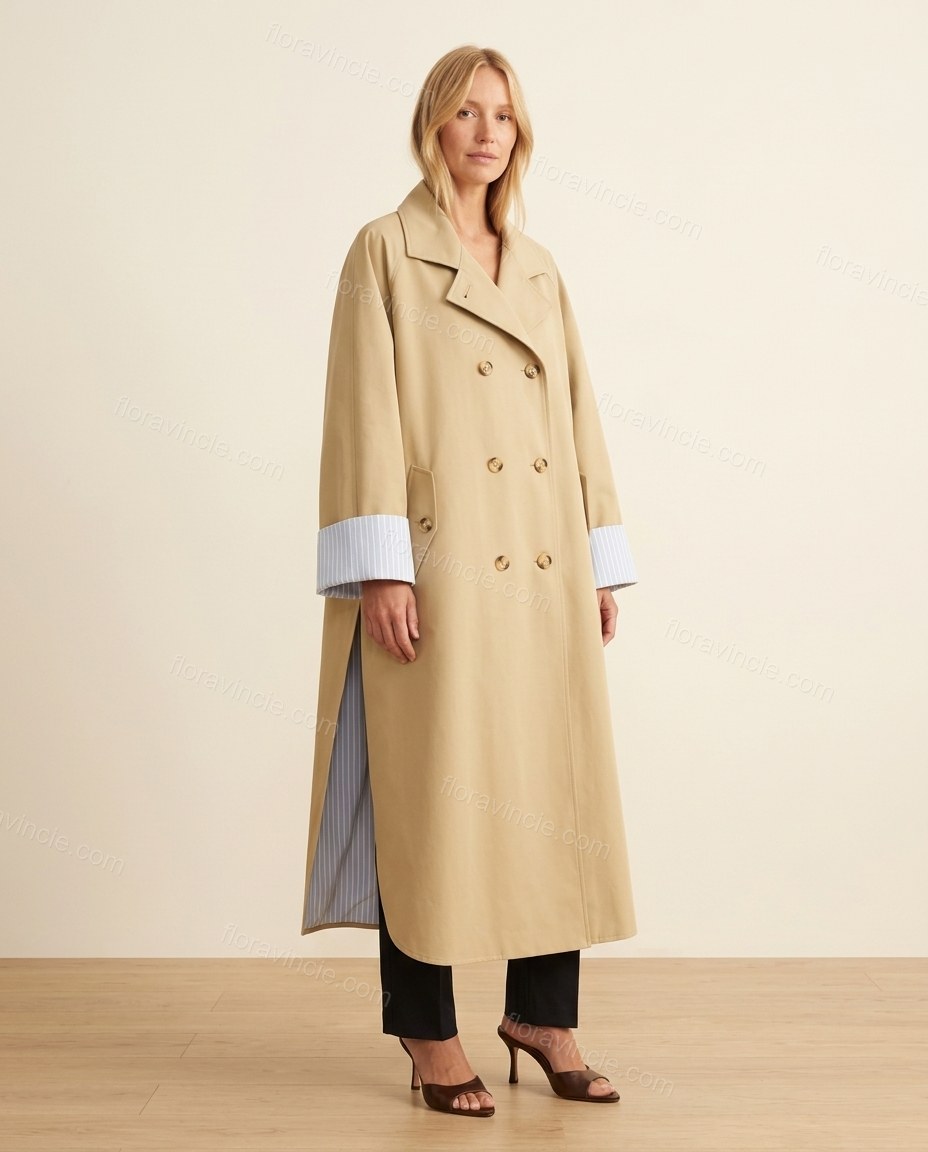 Beige Striped Coat, full-length hero view, by Floravincie