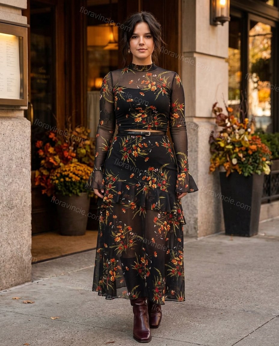 Black Floral Ruffled Tiered Skirt Set, three-quarter brand lifestyle view, by Floravincie