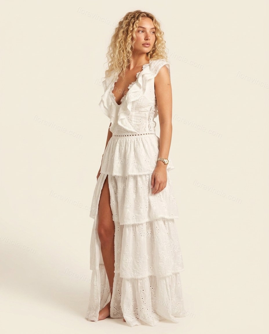 White Maxi Eyelet Ruffled Dress, side and back studio view, by Floravincie