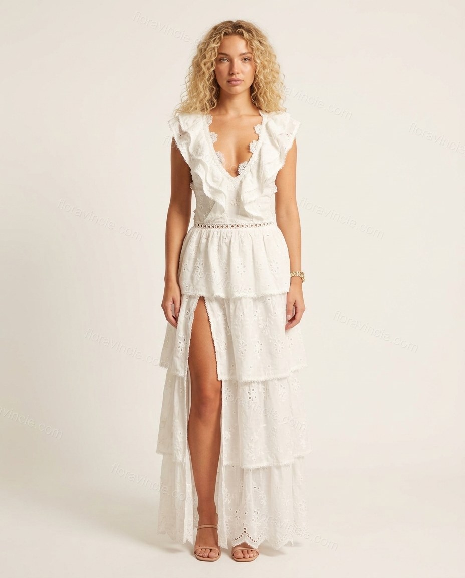 White Maxi Eyelet Ruffled Dress, front studio view, by Floravincie