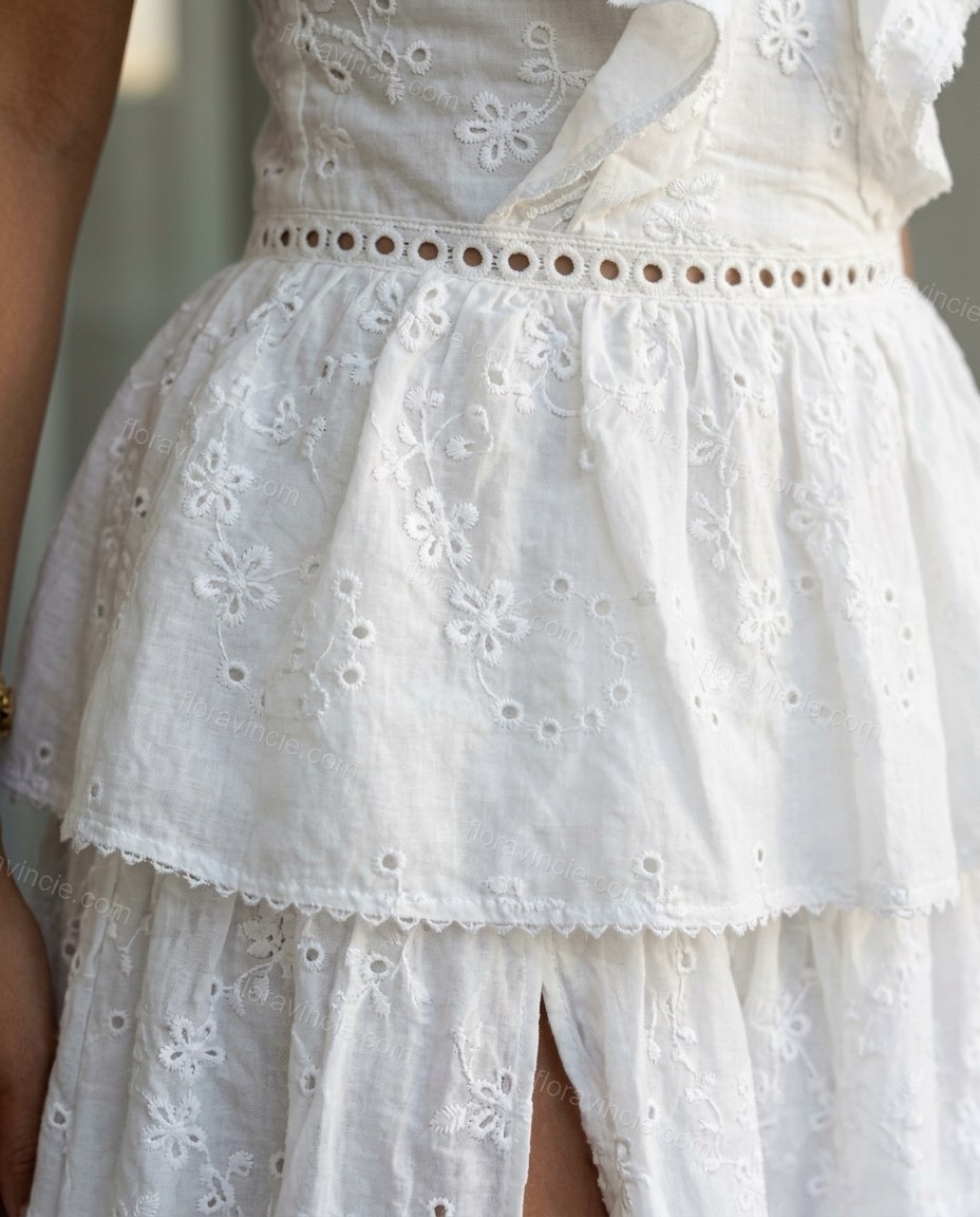 White Maxi Eyelet Ruffled Dress, close-up of eyelet cutwork, by Floravincie