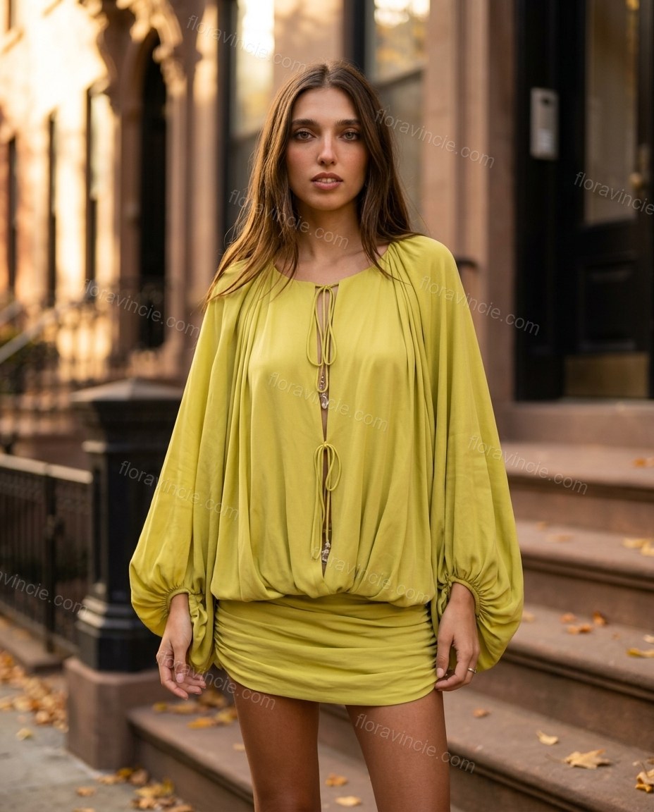 Lime Green Mini Dress, three-quarter brand lifestyle view, by Floravincie