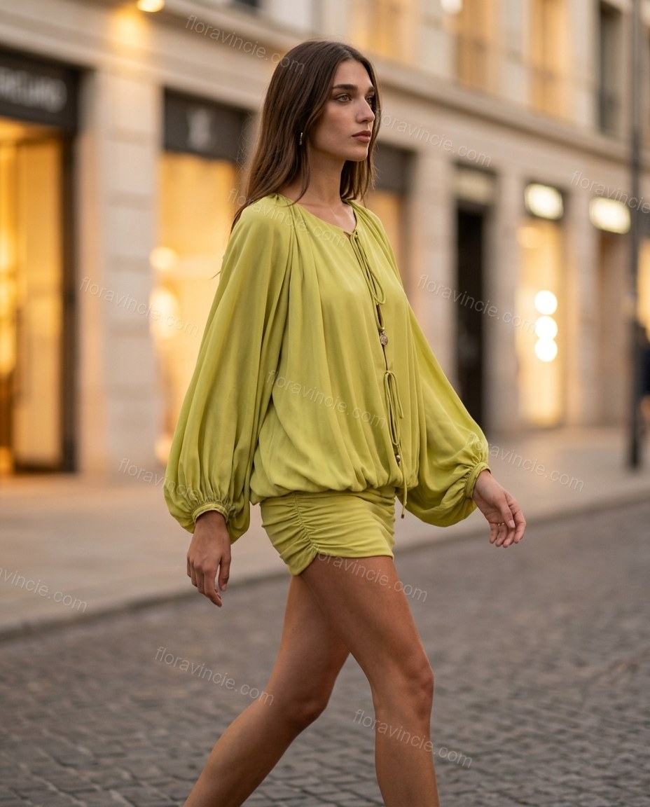 Lime Green Mini Dress, walking lifestyle view, by Floravincie