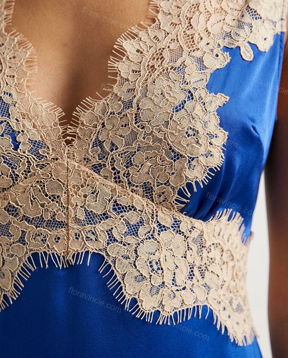 Beige Open-Back Satin Lace Two-Piece Set, close-up of lace overlay bodice, open back and lace detailing, by Floravincie