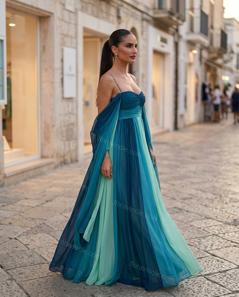 Teal Color-Block Maxi Strapless Dress, movement and fit lifestyle view, by Floravincie