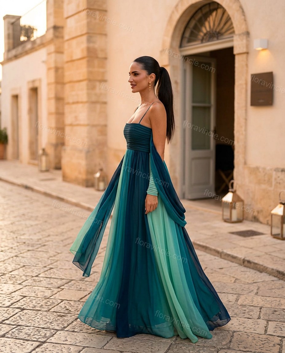 Teal Color-Block Maxi Strapless Dress, walking lifestyle view, by Floravincie