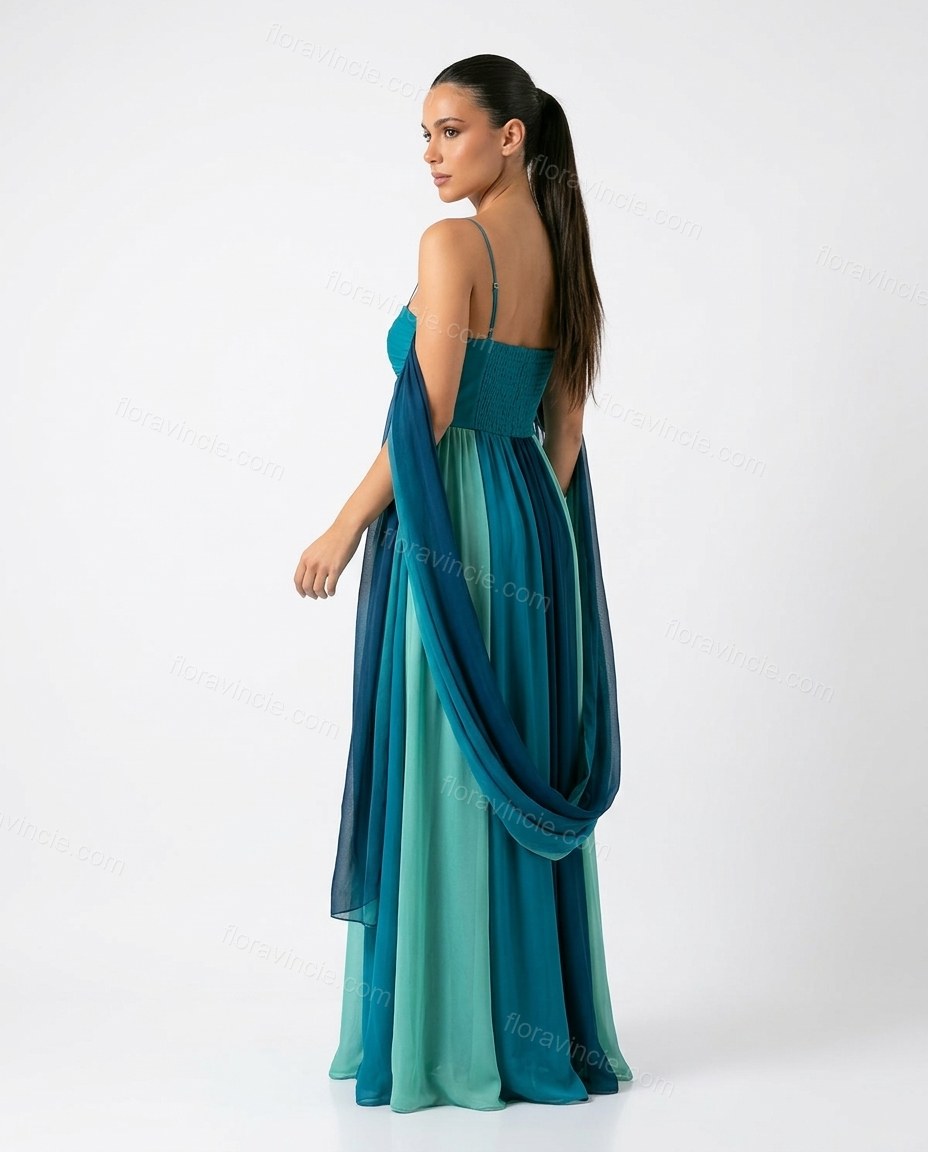 Teal Color-Block Maxi Strapless Dress, back studio view, by Floravincie