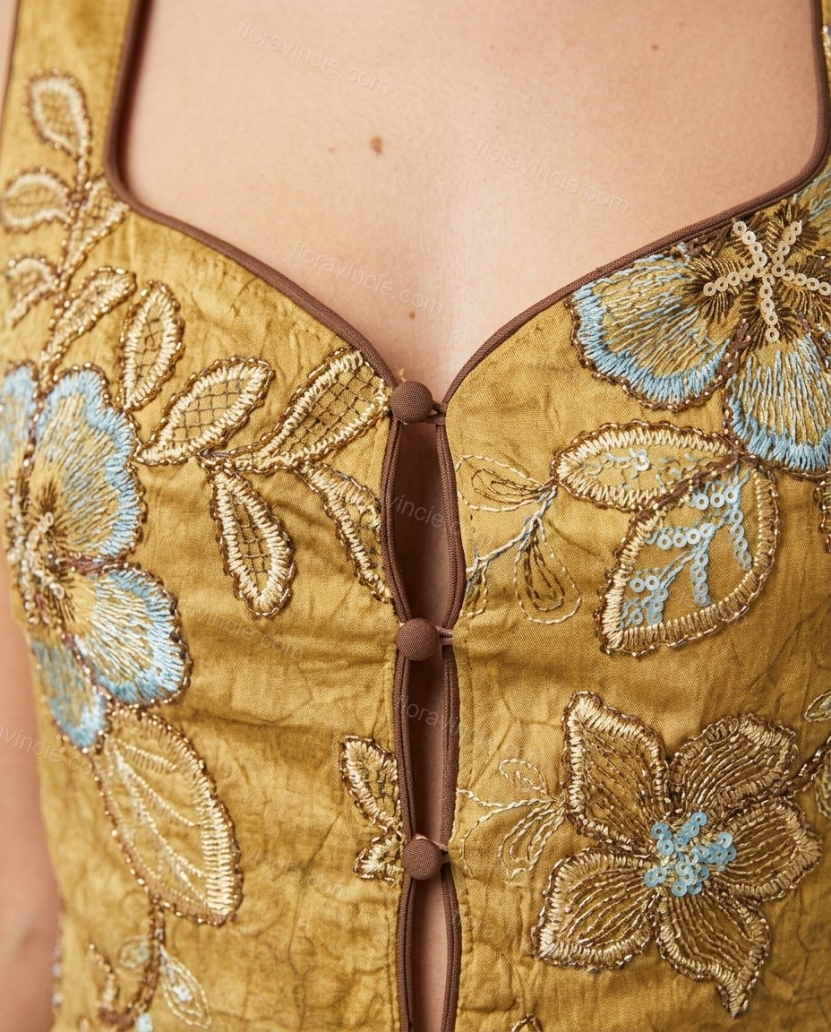 Gold Floral Embroidered Top & Pants Set, close-up of floral embroidery, by Floravincie
