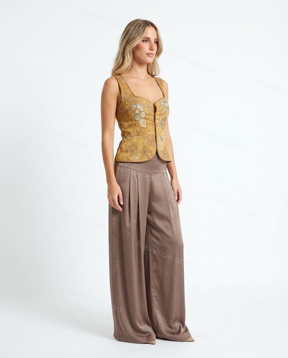 Gold Floral Embroidered Top & Pants Set, side and back studio view showing plain back with no visible details, by Floravincie