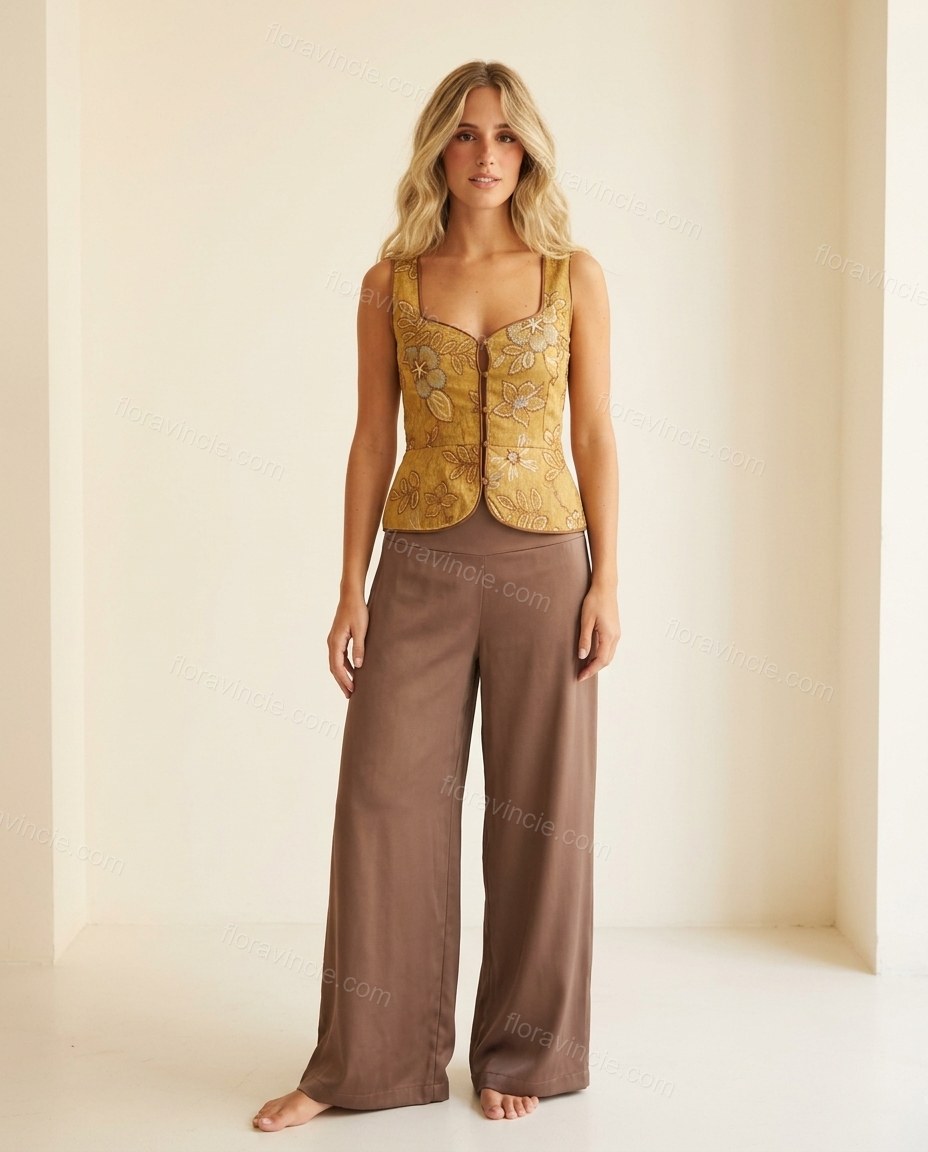 Gold Floral Embroidered Top & Pants Set, full-length hero view, by Floravincie
