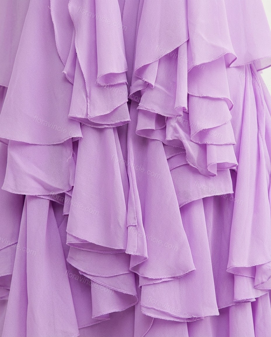 Lavender Mini Open-Back Halter Dress, close-up of ruffles, open back and ruffled layers, by Floravincie