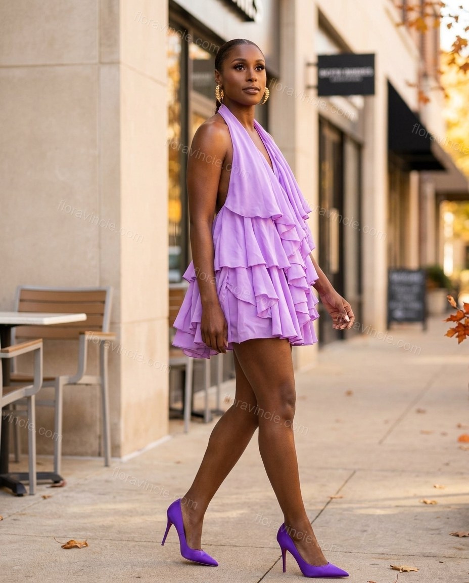 Lavender Mini Open-Back Halter Dress, alternate use-case lifestyle view, by Floravincie