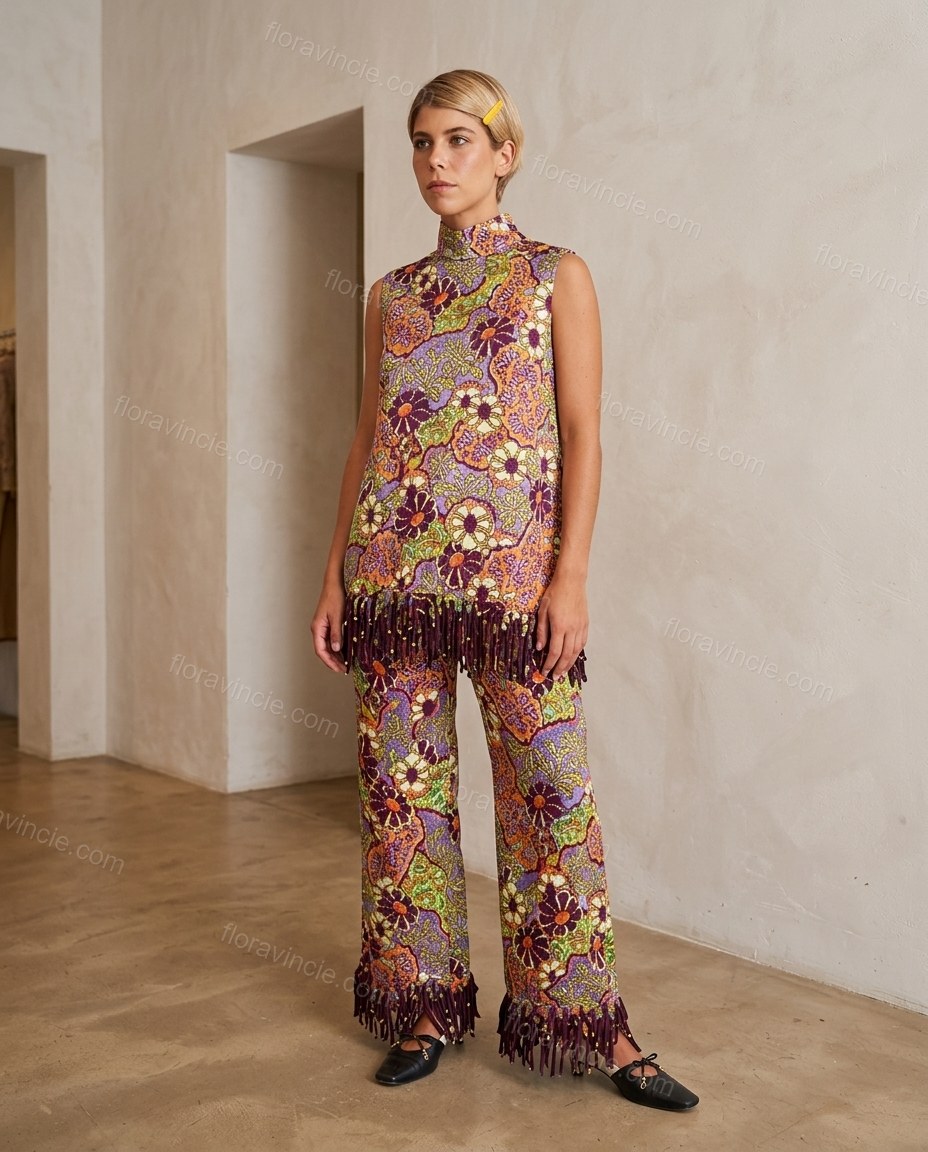 Purple Floral Fringe Top & Pants Set, full-length hero view, by Floravincie