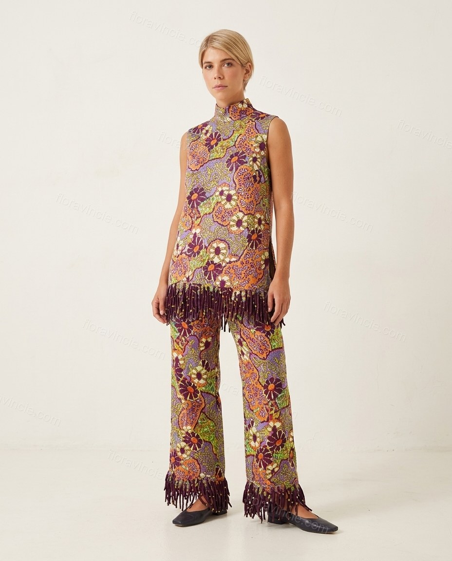 Purple Floral Fringe Top & Pants Set, front studio view, by Floravincie