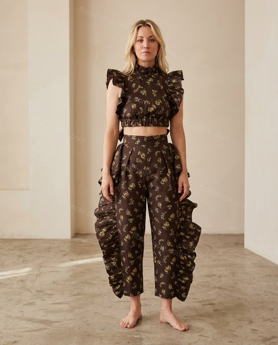 Dark Brown Floral Cropped Open-Back Dress, full-length hero view, by Floravincie