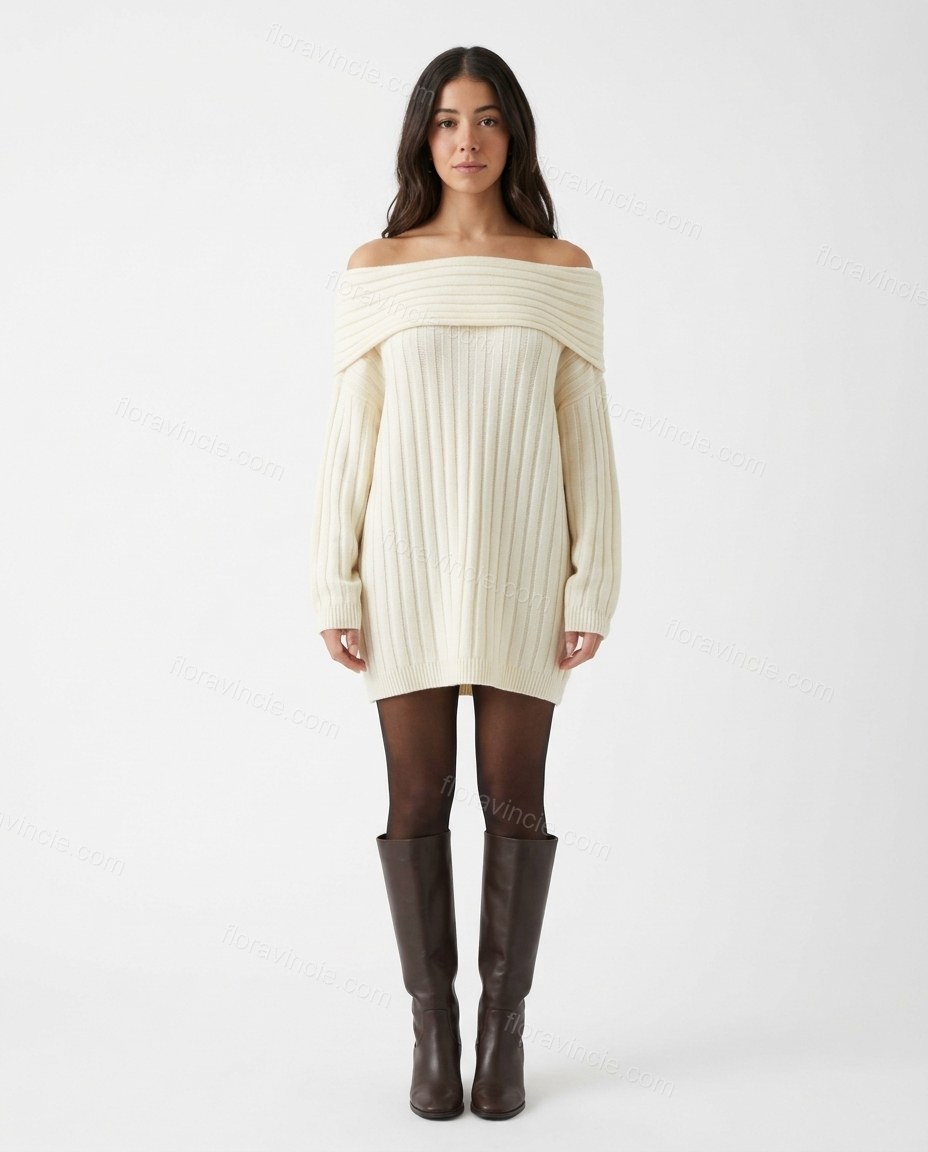 Off-white Mini Off-Shoulder Knit Dress, front studio view, by Floravincie
