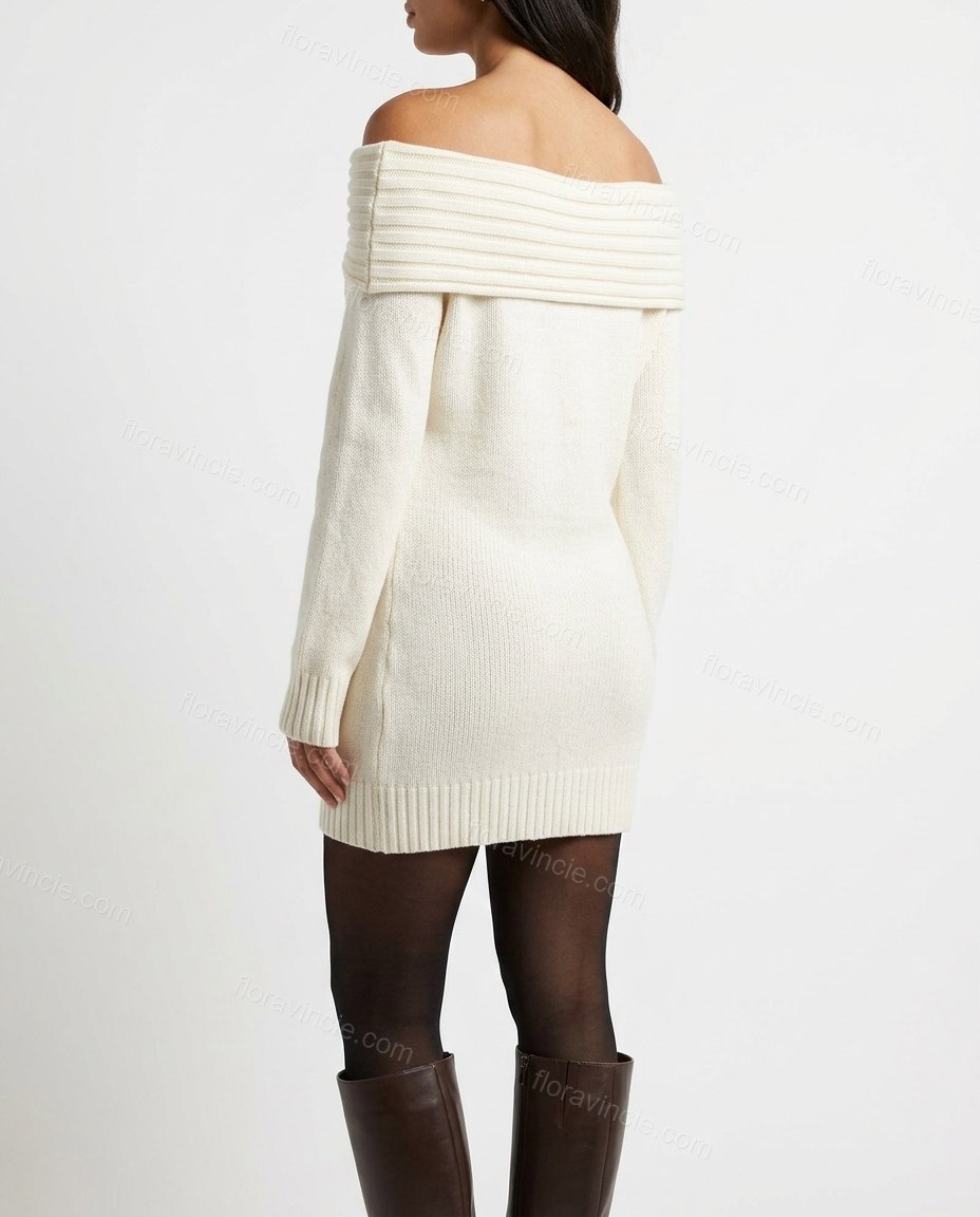Off-white Mini Off-Shoulder Knit Dress, back studio view showing straight, ribbed knit, off-shoulder neckline, by Floravincie