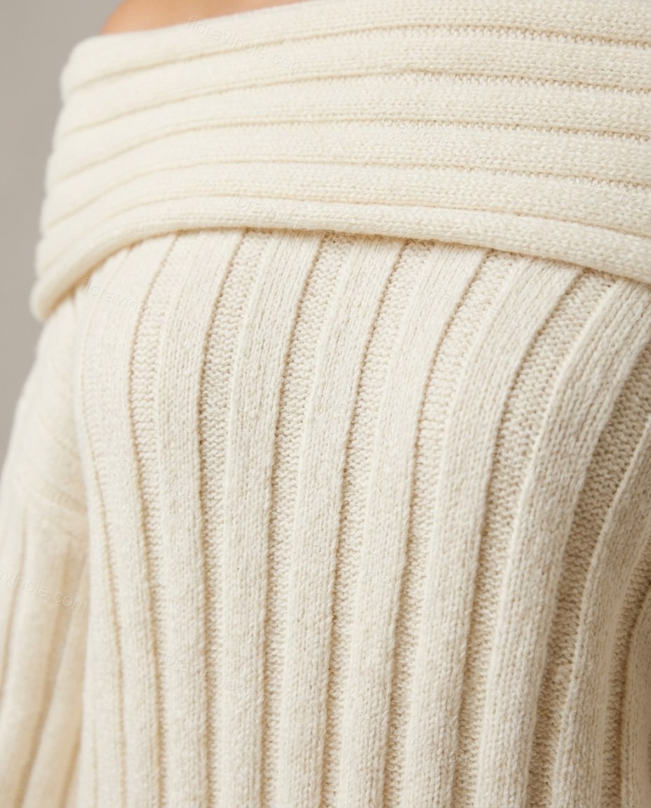 Off-white Mini Off-Shoulder Knit Dress, close-up of off-the-shoulder neckline, wide fold-over collar and wide folded collar/band, by Floravincie