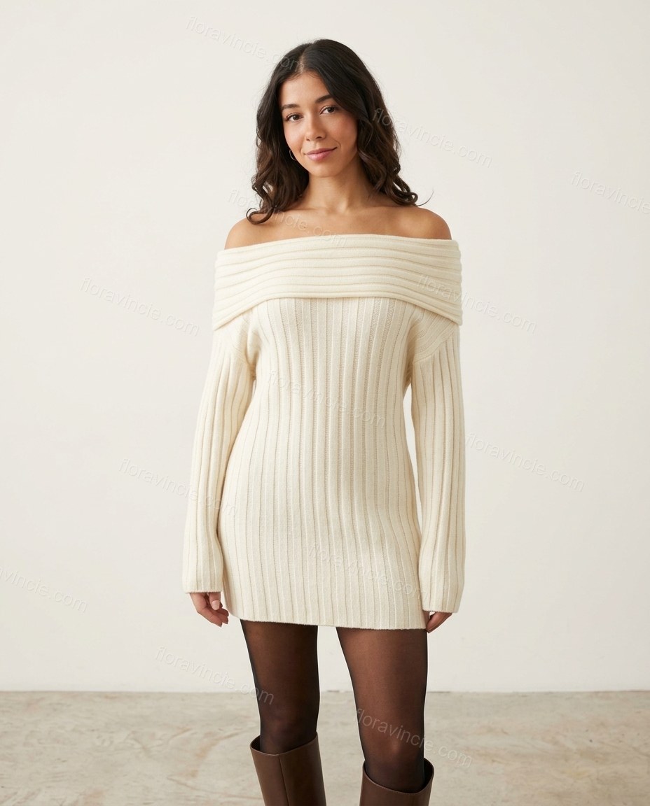 Off-white Mini Off-Shoulder Knit Dress, full-length hero view, by Floravincie