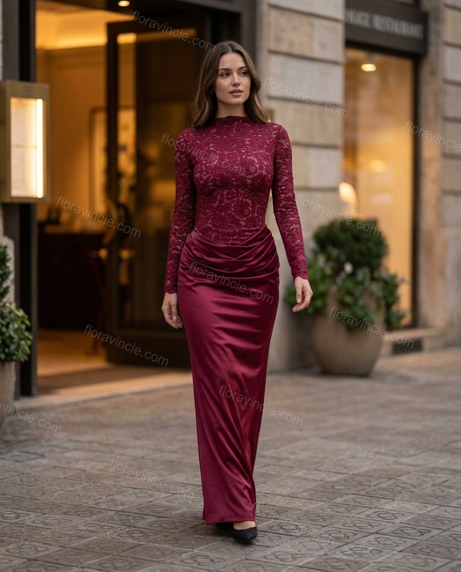 Burgundy Floral Maxi Satin Dress, alternate use-case lifestyle view, by Floravincie