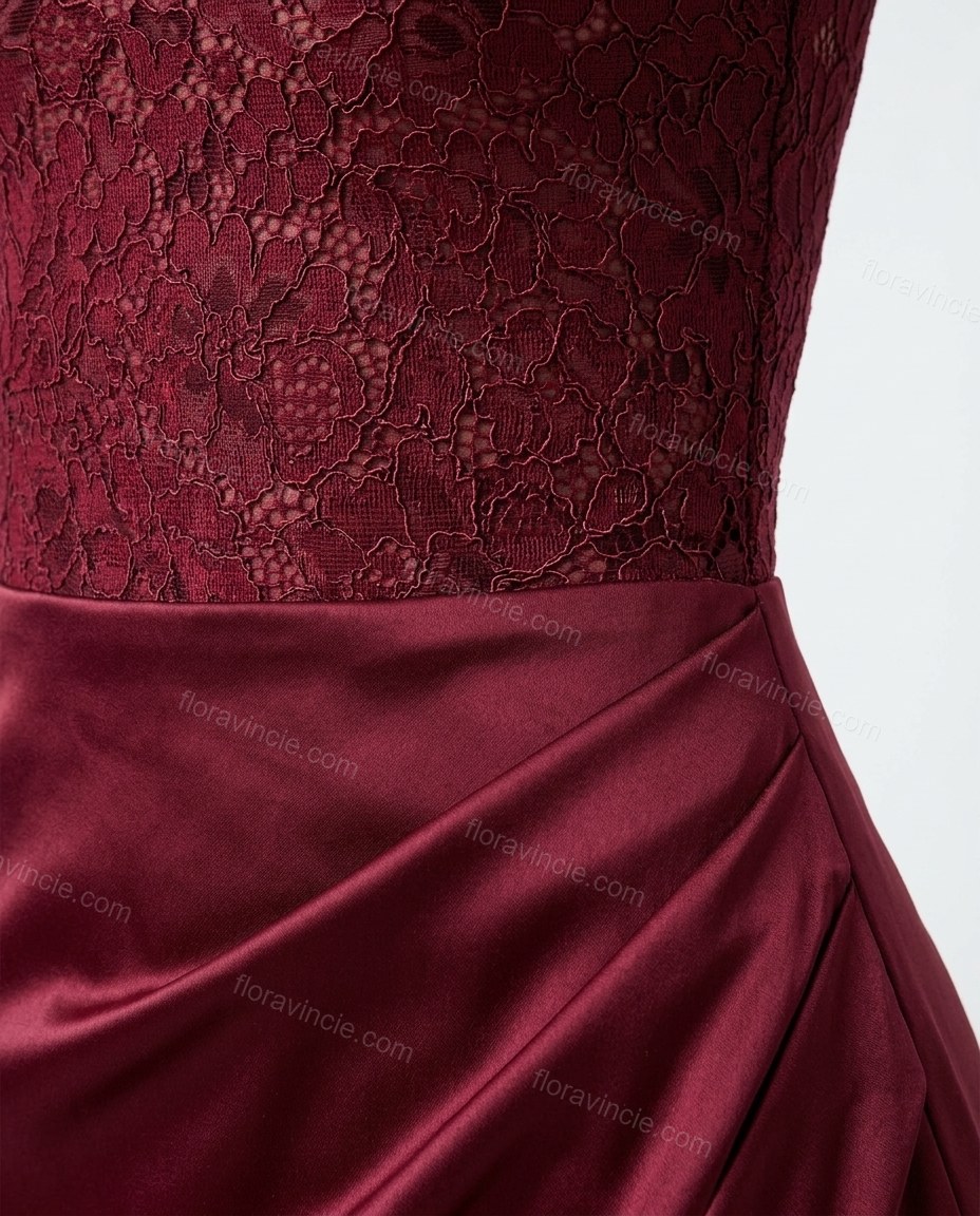 Burgundy Floral Maxi Satin Dress, close-up of floral, by Floravincie