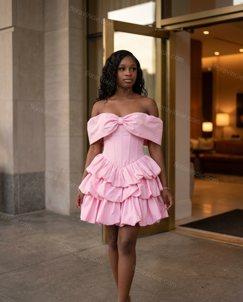 Pink Mini Off-Shoulder Ruffled Dress, alternate use-case lifestyle view, by Floravincie