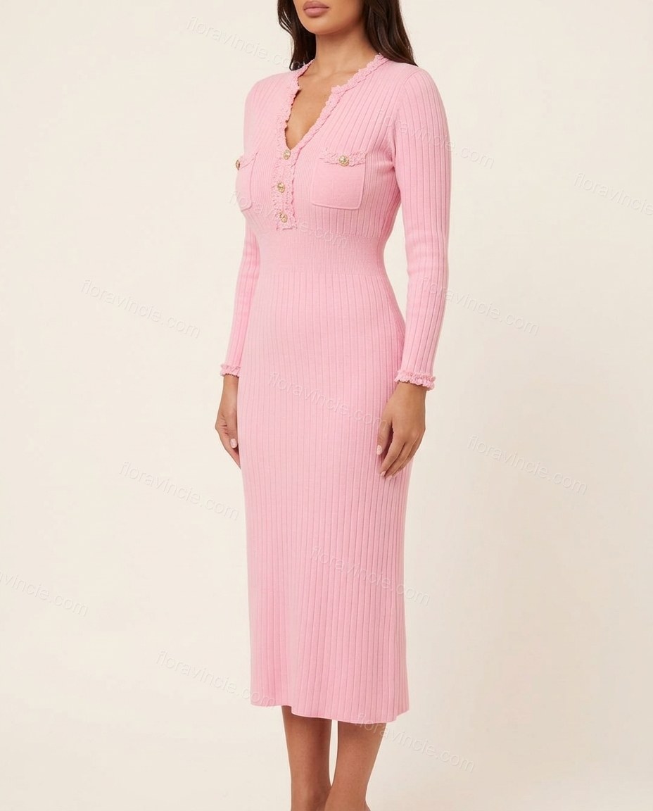Pink Midi Ruffled Knit Dress, side and back studio view showing not visible, by Floravincie