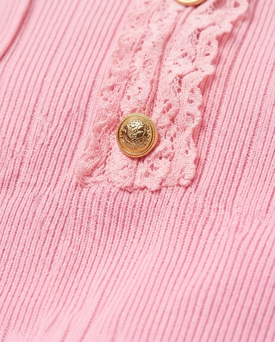 Pink Midi Ruffled Knit Dress, close-up of gold accents, decorative buttons and chest pockets, by Floravincie