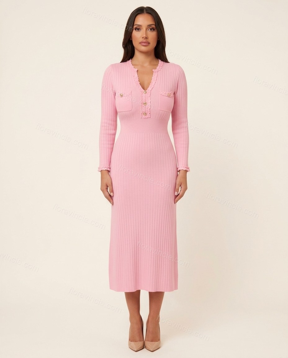 Pink Midi Ruffled Knit Dress, front studio view, by Floravincie