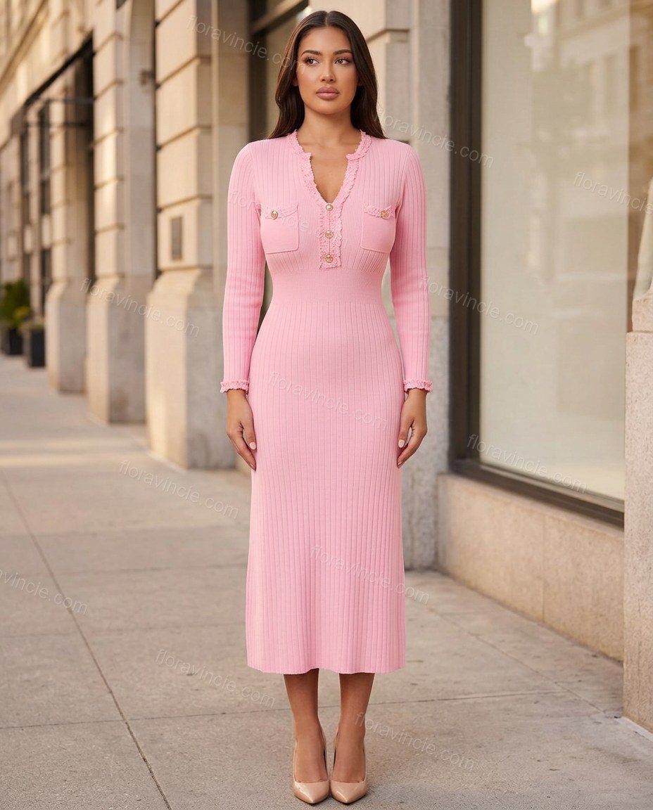 Pink Midi Ruffled Knit Dress, alternate use-case lifestyle view, by Floravincie