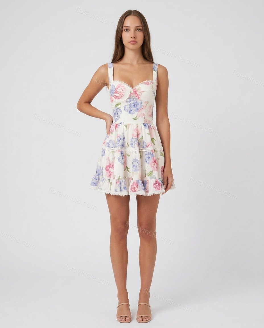 White Floral Mini Ruffled Dress, front studio view, by Floravincie