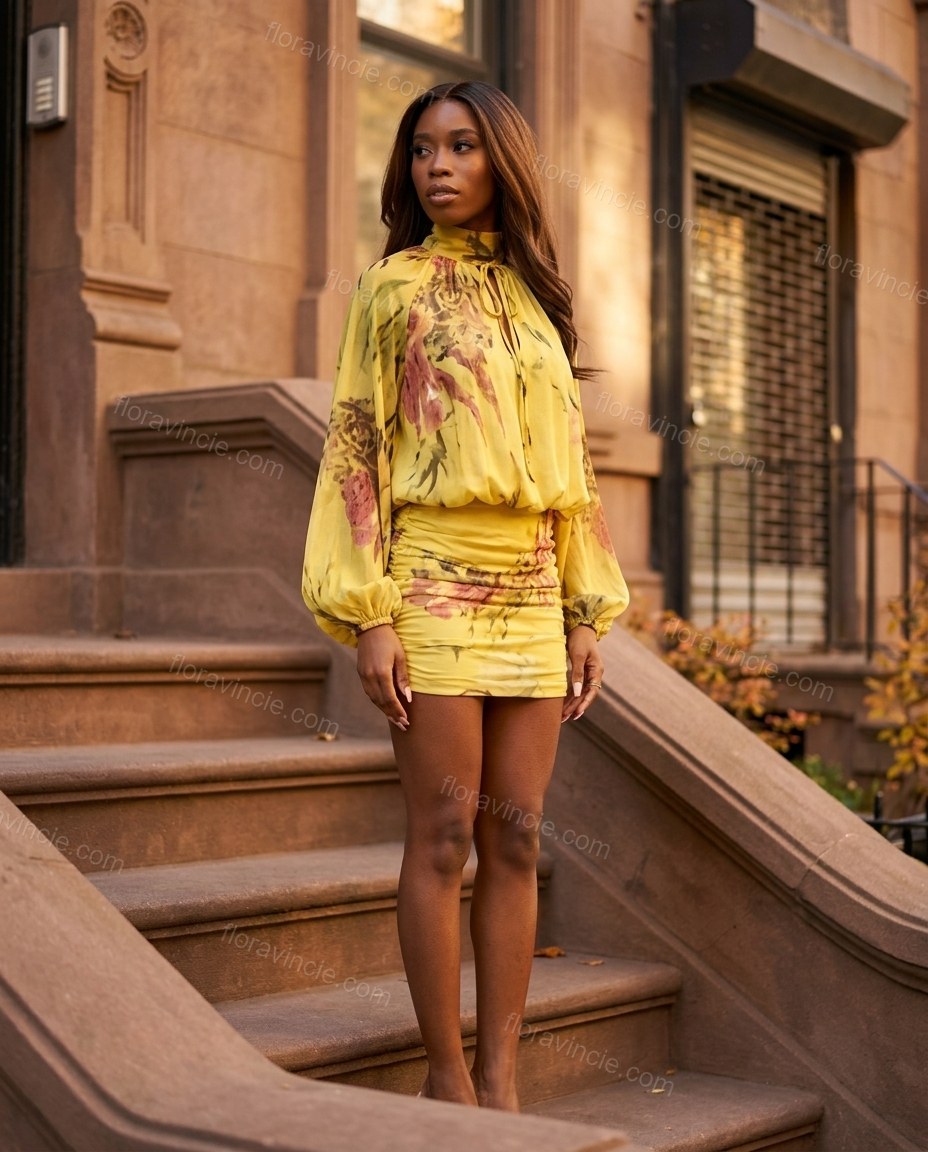 Yellow Floral Mini Skirt Set, three-quarter brand lifestyle view, by Floravincie