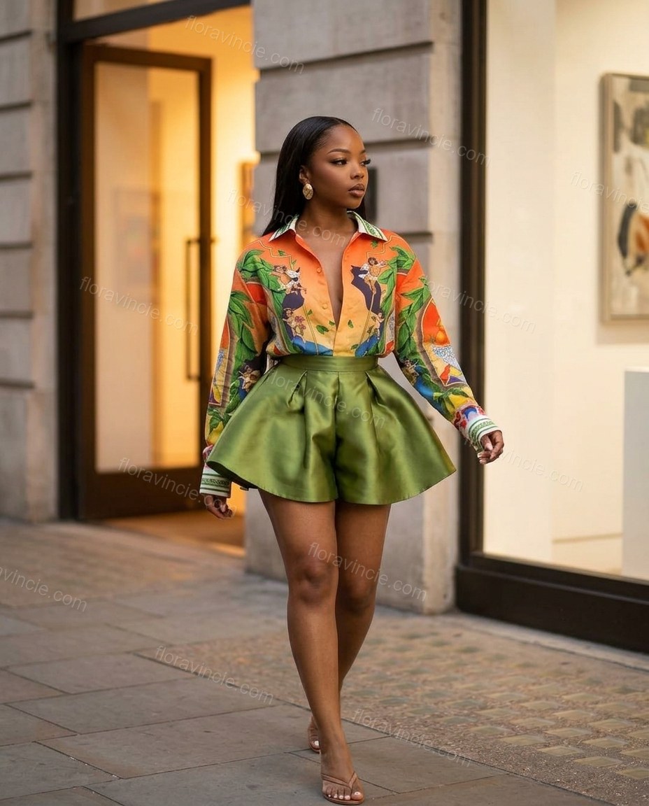 Orange Pleated Shirt & Shorts Set, walking lifestyle view, by Floravincie