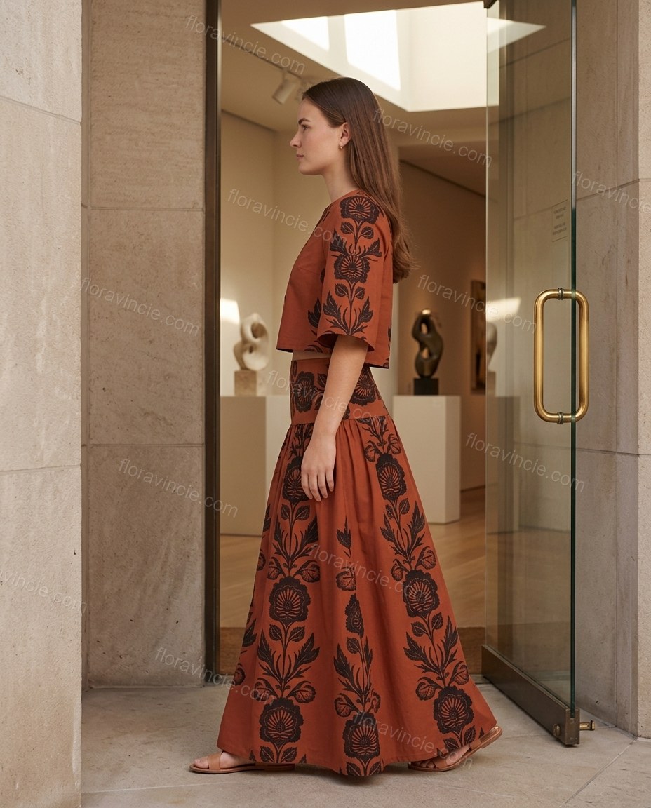 Rust Floral Maxi Tiered Skirt Set, walking lifestyle view, by Floravincie