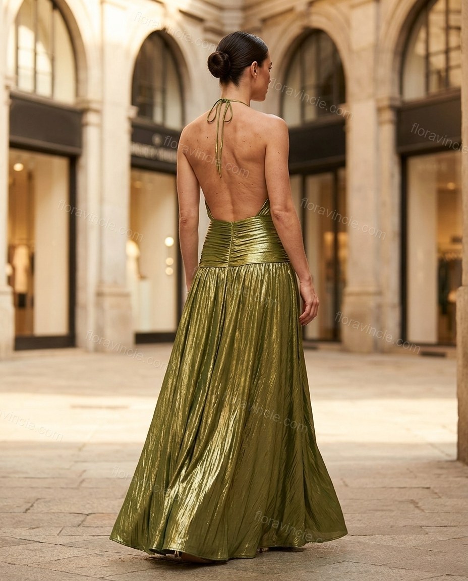 Olive Green Maxi Open-Back Halter Dress, movement and fit lifestyle view, by Floravincie