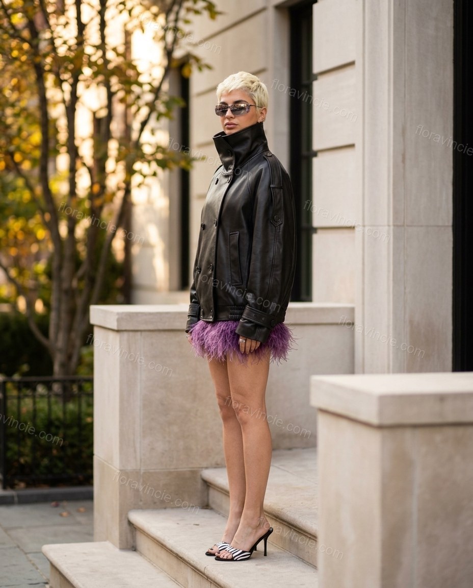 Black Faux-Fur Collar Jacket, three-quarter brand lifestyle view, by Floravincie